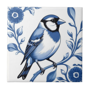 Azulejo De Cerâmica Pássaro Floral Branco e Azul Goldfinch Delft