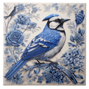 Azulejo De Cerâmica Pássaro Inspirado em Azulinho com Flores Azuis