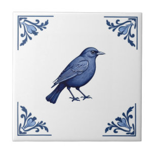 Azulejo De Cerâmica Pássaro Negro Azul e Branco Cantos Florais Bird