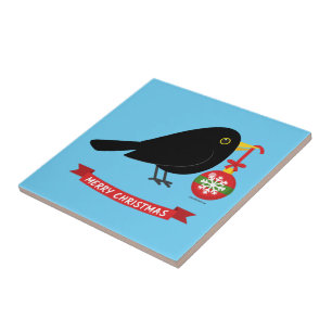 Azulejo De Cerâmica Pássaro Negro Bonito Com Bola De Natal