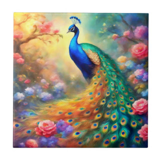 Azulejo De Cerâmica Pássaro Pavão 100 com flores