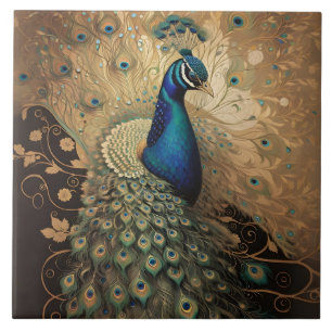 Azulejo De Cerâmica Pássaro Peacock Ouro Elegante