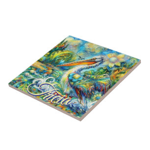 Azulejo De Cerâmica Pássaro Pelicano no País das Maravilhas Personaliz
