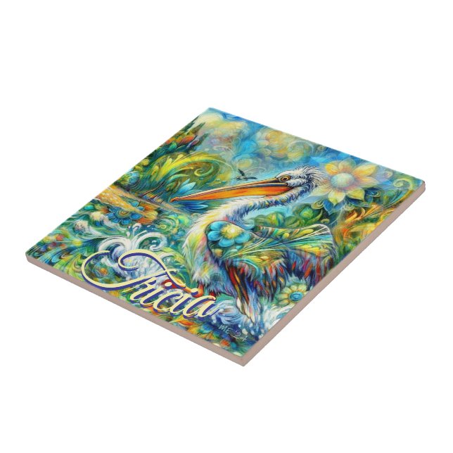 Azulejo De Cerâmica Pássaro Pelicano no País das Maravilhas Personaliz (Lateral)