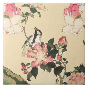 AZULEJO DE CERÂMICA PÁSSARO PEQUENO COM ROSAS PINK E FLORES DE LÓTUS
