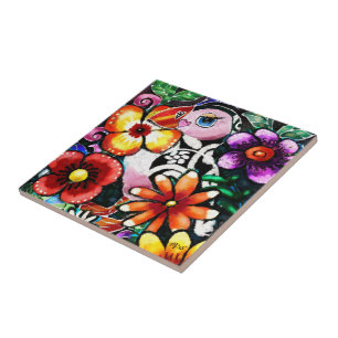 Azulejo De Cerâmica Pássaro Puffin Abstrato Caprichoso em Flores
