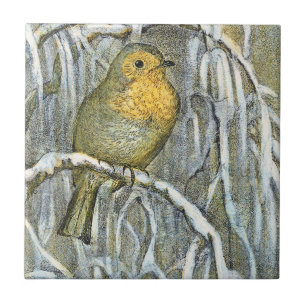 Azulejo De Cerâmica Pássaro Robin vintage em um galho nevado