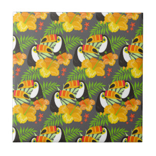 Azulejo De Cerâmica Pássaro Tucano Laranja Flores Tropicais Folhas Ver