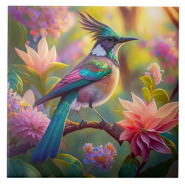 Azulejo De Cerâmica Pássaro Verde de Jay Fantasy (Frente)