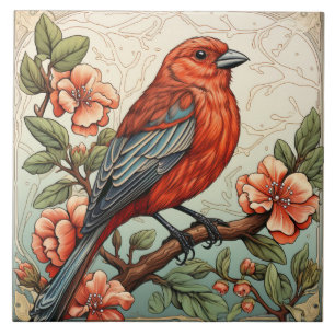 Azulejo De Cerâmica Pássaro Vermelho e Flores de Pêssego Art Nouveau