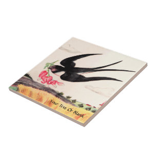 Azulejo De Cerâmica Pássaro Voador Com Flores