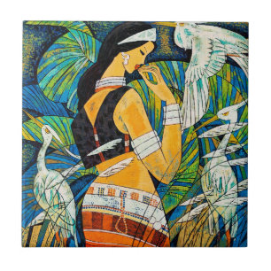 Azulejo De Cerâmica Pássaros abstratos orientais da senhora do sibilo