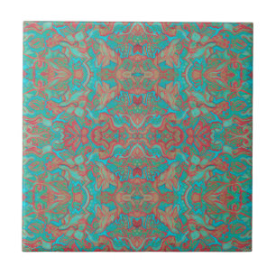 Azulejo De Cerâmica Pássaros arábicos Bohemian Boho Turquoise Red Gr