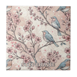 Azulejo De Cerâmica Pássaros Azuis Pastel com Flores de Cerejeira Rosa