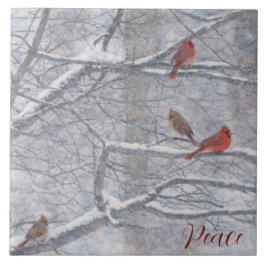 Azulejo De Cerâmica Pássaros-Cardinais de Inverno em Aquarela