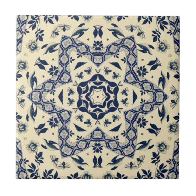 Azulejo De Cerâmica Pássaros Chineses ~ Abelhas ~ Flores ~ Delft ~ * ~ (Frente)