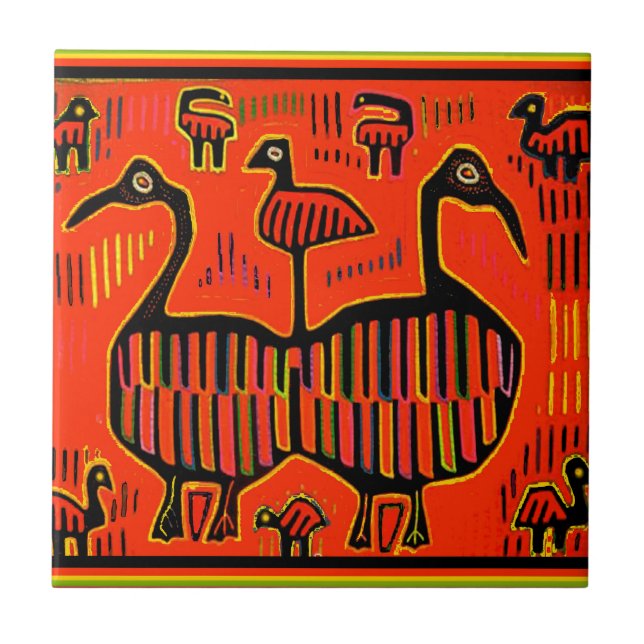 Azulejo De Cerâmica Pássaros Coloridos de Arte Folclórica (Frente)