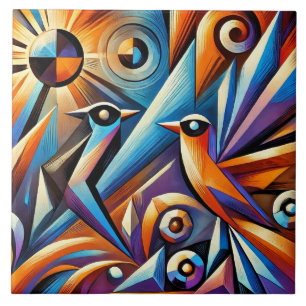 Azulejo De Cerâmica Pássaros Coloridos em um Estilo Geométrico Vibrant