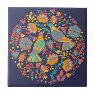 Azulejo De Cerâmica Pássaros Coloridos Mexicanos de Arte Folclórica e