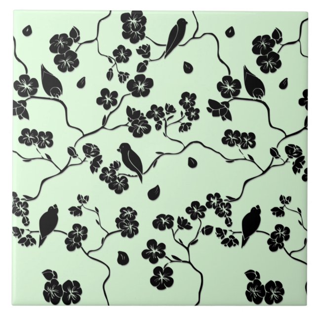 Azulejo De Cerâmica Pássaros com flores de cereja pretas em verde-mint (Frente)
