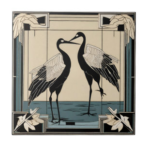Azulejo De Cerâmica Pássaros de Amor dois Grous Azul Art Déco Art Nouv