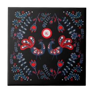 Azulejo De Cerâmica Pássaros de Arte Folclórica Escandinavos Monograma