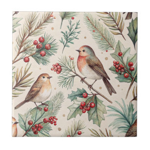 Azulejo De Cerâmica Pássaros de Natal Antigos - Azevinho e Pintarroxo