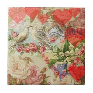 Azulejo De Cerâmica Pássaros do Amor Vintage Coração Antiquado