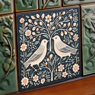 Azulejo De Cerâmica Pássaros e Árvore da Vida Arte Nova Azul Laranja