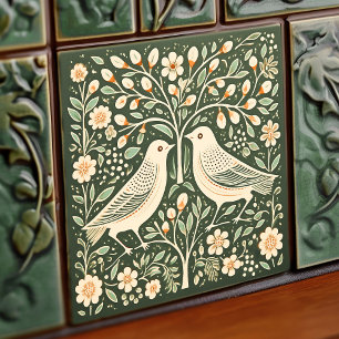 Azulejo De Cerâmica Pássaros e Árvore da Vida Arte Nova Verde