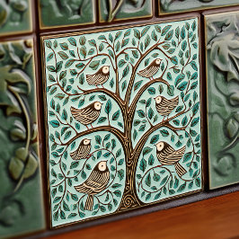 Azulejo De Cerâmica Pássaros e Árvore da Vida Sage Arte Verde Nouveau