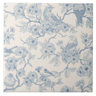 Azulejo De Cerâmica Pássaros e flor de cerejeira em azul e branco esma