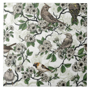 Azulejo De Cerâmica Pássaros e flor de cerejeira em branco