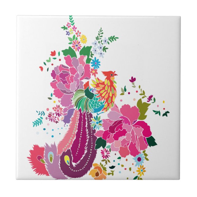 Azulejo De Cerâmica pássaros e flores (Frente)