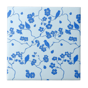 Azulejo De Cerâmica Pássaros em flores de cerejeira azuis sobre azul