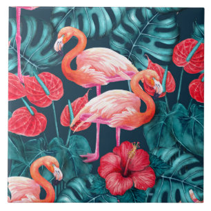 Azulejo De Cerâmica Pássaros Flamingo e aquarela de jardim tropical