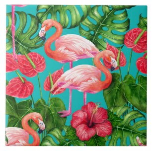 Azulejo De Cerâmica Pássaros Flamingo e aquarela de jardim tropical
