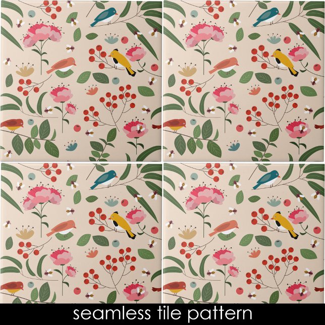 Azulejo De Cerâmica Pássaros Florais De Mão Abelhas Padrão Botânico (Hand Drawn Floral Birds Bees Botanical Pattern Ceramic Tile)