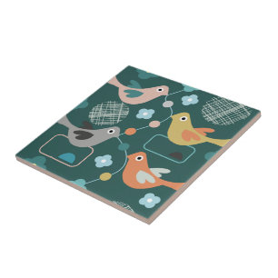 Azulejo De Cerâmica Pássaros Flores Retro Padrão de Meio século Mod