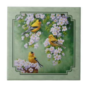 Azulejo De Cerâmica Pássaros Goldfinch e Flores Verde