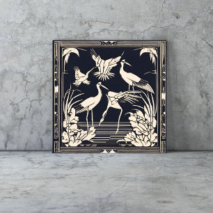 Azulejo De Cerâmica Pássaros Grous Preto e Branco Art Déco Nouveau