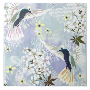 Azulejo De Cerâmica Pássaros humanos e flores brancas