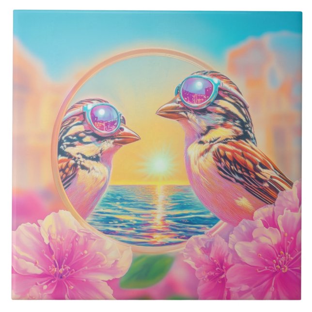 Azulejo De Cerâmica Pássaros legal com óculos Sunset (Frente)