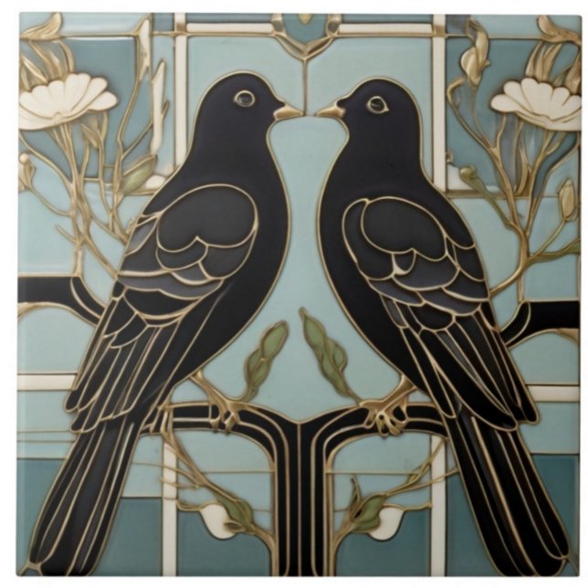 Azulejo De Cerâmica Pássaros Negros Art Nouveau Arte de Pássaros Pombo (Criador carregado)