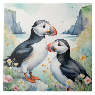 Azulejo De Cerâmica Pássaros Puffin na Costa com Flores de Aquarela
