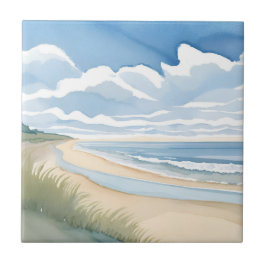 Azulejo De Cerâmica Passeio pela Praia | Aquarela de Oceano Costeiro
