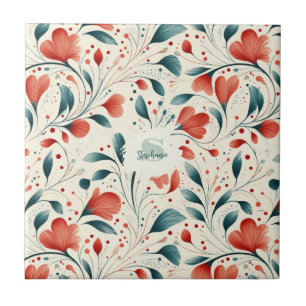 Azulejo De Cerâmica Pasta Azul Whimsical e Padrão Floral Vermelho