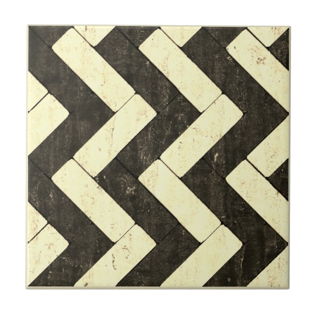 Azulejo De Cerâmica Pastas de tijolos preto e branco de Zig-Zag (Frente)