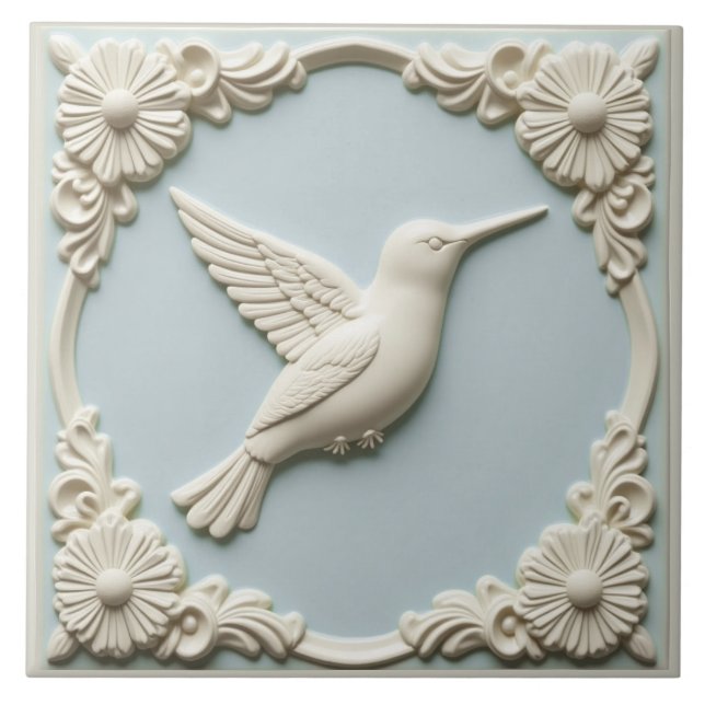 Azulejo De Cerâmica Pastel blue faux relief Art Nouveau Hummingbird  (Frente)
