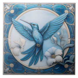 Azulejo De Cerâmica Pastel blue faux relief Art Nouveau Hummingbird L